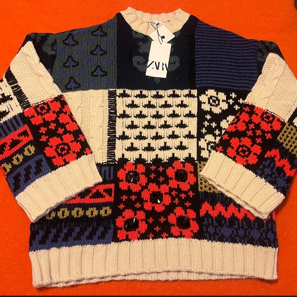 Zara wool blend embellished patchwork knit sweater limited edition NWT - Picture 3 of 15